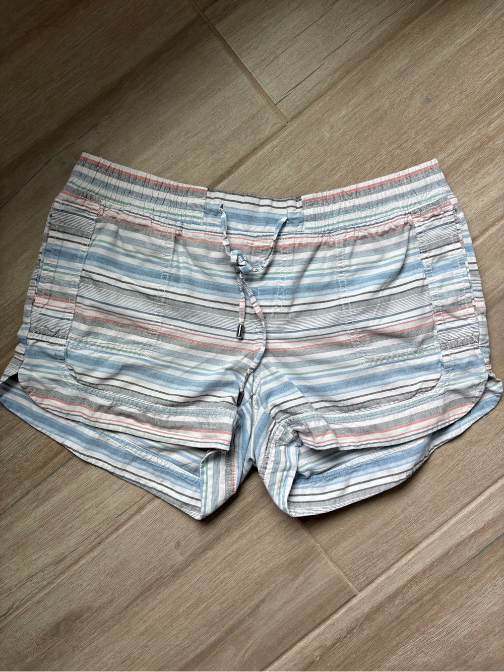 Aventura Striped Drawstring Athletic Shorts in Light Blue, Coral and Gray